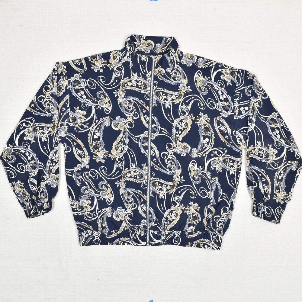 Darlyn Women's Bomber Jacket Full Zip Polyester Blue Paisley Size M Vintage USA